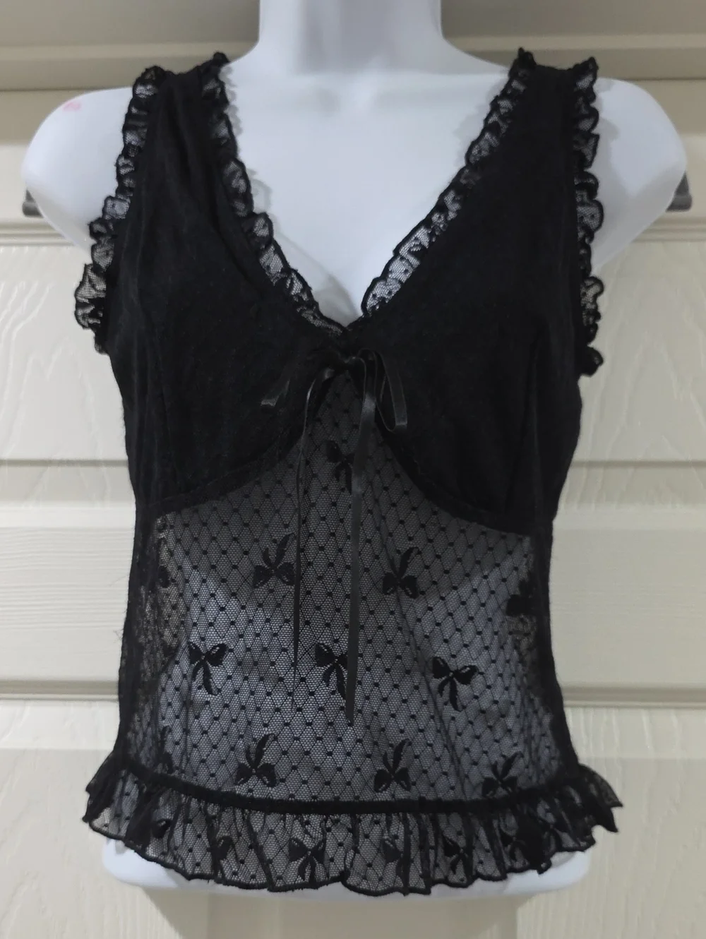 Sheer Black Lace Mesh Chemise Top with Bow Tie